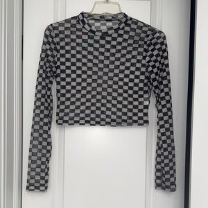 Checkered Black and white Women's long sleeve sheer crop top